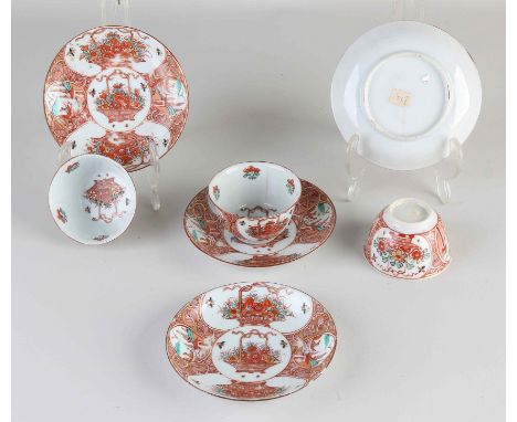Three 18th century Chinese porcelain cups and saucers. One single dish, flower basket decor + gold (Amsterdam fur). Three cup