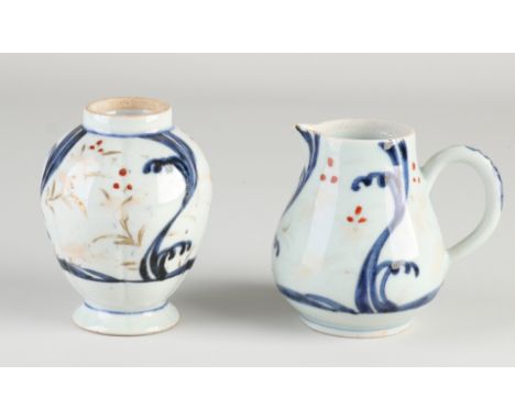 Two pieces of 18th century Chinese Imari porcelain. Consisting of: Milk jug, hairline. And a tea caddy, chip. Dimensions: 9 -