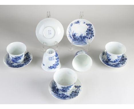 Five antique Japanese eggshell porcelain cups and saucers. With garden/butterfly decor. With bottom mark. Three cups good, tw