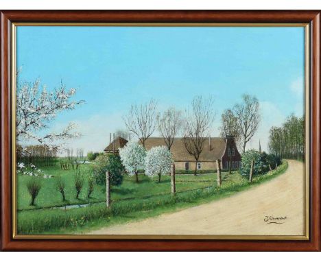 Jan Ouwersloot. 1912 - 1975. Farm with blossom trees. Oil paint on panel. Dimensions: H 27 x W 38 cm. In good condition.