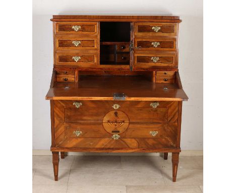 South German walnut Louis Seize secretary with curb, band intarsia, vase inlay, flowers, et cetera. With bronze fittings. Cir