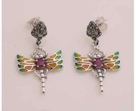 Silver earrings, 925/000, in the shape of dragonflies decorated with enamel, marquesite and ruby. 20x36mm. about 4.6 grams. N