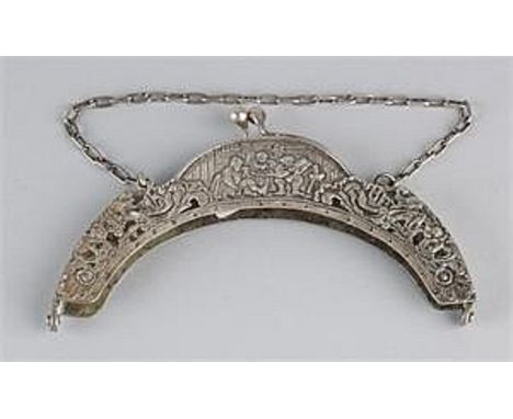 Silver bag bracket, 833/000, contoured model depicting music-making figures. MT.: AJHooijkaas, Schoonhoven, jl.: K:1920. With