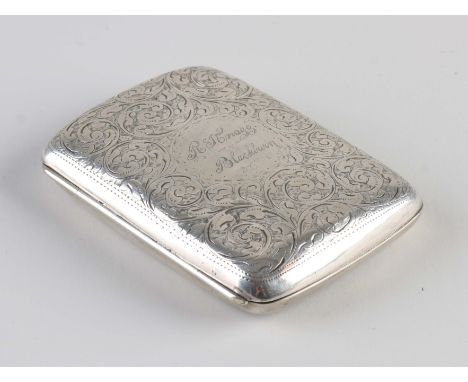 Floral engraved silver cigarette case with gold plated interior. So-called hip model. Engraved with name R. Knagg Blackburn. 