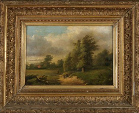G. Dupuis. Circa 1900. Landscape with walkers. Oil paint on panel. Dimensions: H 24 x W 35 cm. In good condition.