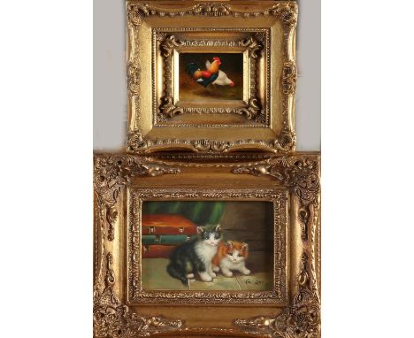 Two small oil paintings. 20th century. Monogram GR, rooster + chicken, size: H 9 x W 7.5 cm. G. Roy. Two kittens, size: H 13 