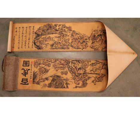 Large signed Chinese scroll painting with tigers. Woodcut on paper. Dimensions: H 260 x W 29 cm. In good condition.