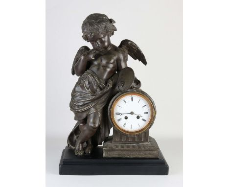Large antique French composition metal mantel clock with putti + painter's palette. Circa 1890. Eight-day movement, half-hour