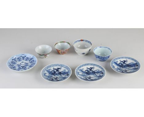 Eight antique Chinese porcelain cups and saucers. Various. Three warrior decor dishes, 19th century, minimal chip. One saucer