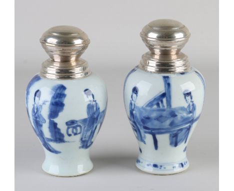 Two 17th - 18th century Chinese porcelain Kang Xi tea caddy with silver lid. Geisha decor. With bottom mark. Dimensions: H 15