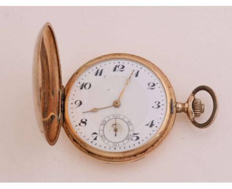 Yellow gold pocket watch, 585/000, with gold front and back lid. The watch has a white enamel dial with numbers and gold-colo