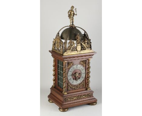 Large antique Dutch walnut table clock with bronze mounts. Neo-Renaissance. Circa 1900. Weekly runner with half-hour striking