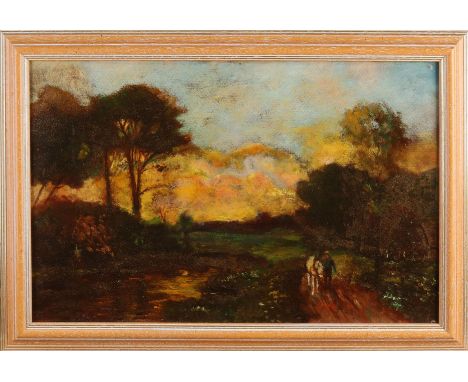 Unclear. 20th century. Landscape at night with man and horse. Square air. Oil paint on panel. Dimensions: H 36 x W 54 cm. In 