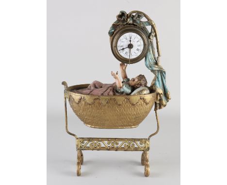 Rare antique French alarm clock with baby in crib. Composition metal + polychromy. Circa 1900. Alarm clock/hand is loose. Fea