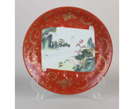 19th century Chinese porcelain plate with parchment scroll landscape. Family Verte. With bottom mark. One hairline. Dimension