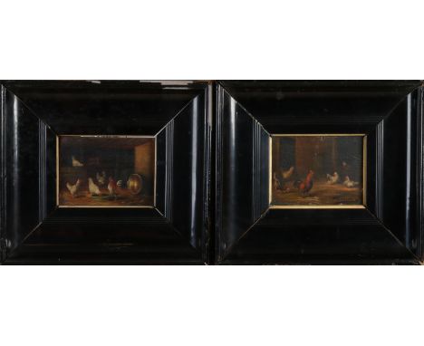 Pendant by W. Lammers. 1857 - 1913. Chickens in stable. Oil paint on panel. Dimensions: H 13 x W 9 cm. In good condition.