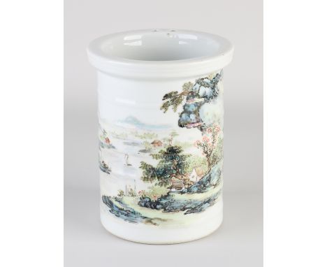 Chinese porcelain chopstick holder. River view/text decor. With signature. Dimensions: 16 cm. In good condition.