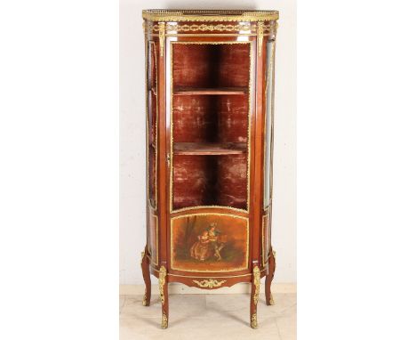 19th century French mahogany display cabinet with Vernis Martin painting, marble top and gilt bronze frames and ornaments. Le