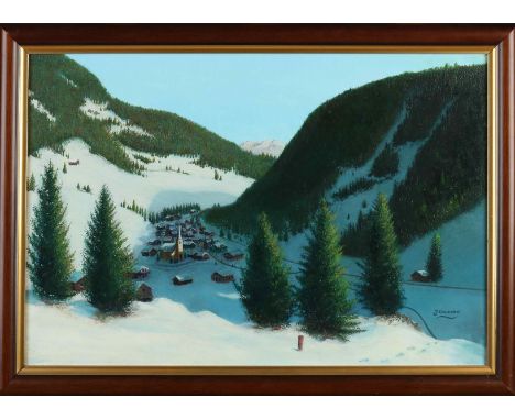 Jan Ouwersloot. 1912 - 1975. Snowy German landscape with a village in the valley. Oil on panel. Dimensions: H 37 x W 54 cm. I