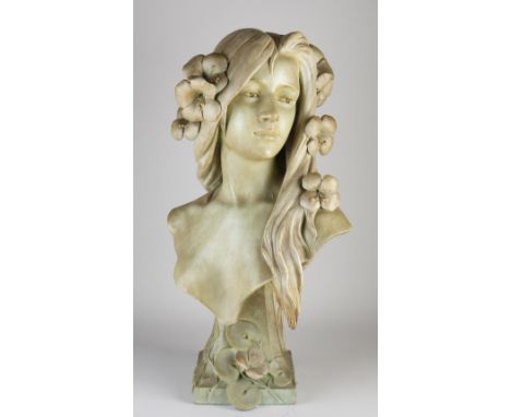 Large antique French terracotta women's bust. Bronze colored patina. Circa 1900. Art Nouveau. George Comhuy R &amp; Cie. Pari