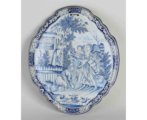 19th century Delft blue fayence wall plaque with a biblical scene. Genesis 18. V.2.3 Verso R. Size: 34 x 28 cm. In good condi