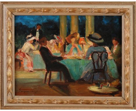 G. van Zevenberghen. 1877 - 1968. Belgian School. Dinner at night. Oil paint on panel. Dimensions: H 19 x W 25 cm. In good co