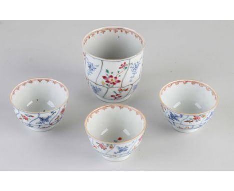 Four 18th century Chinese porcelain Family Rose cups. Floral decor. One small cup of hairline, rest well. Dimensions: 4.3 - 7