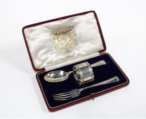 Hamilton &amp; inches silver christening set with fork, spoon and napkin ring engraved 'Anne', Edinburgh 1925 