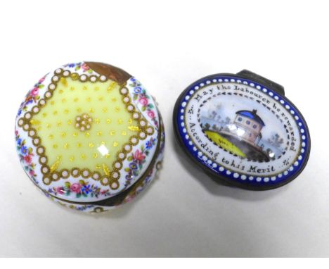 19th century 'may the Labourer be rewarded according to his merit' enamel patch box and another (2)