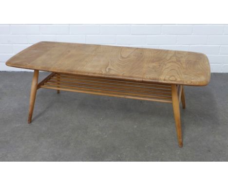 Ercol vintage light elm and beech Windsor coffee table with spindle undertier,  105 x 36 x 44cm 