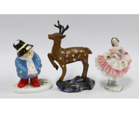 Coalport Paddington Bear, a Dresden ballerina and a Chinese deer (3) 17cm 