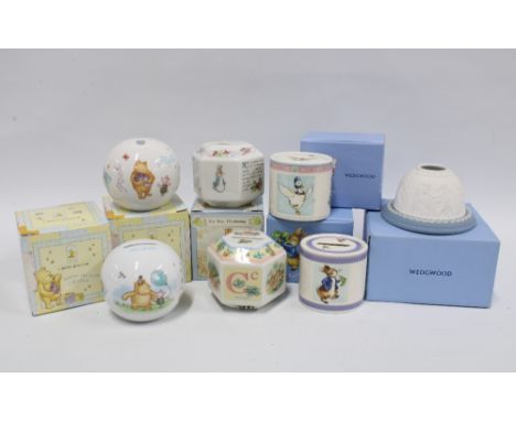 Wedgwood Jemima Puddle Duck and three Peter Rabbit money boxes, Wedgwood Jasper bisque night light, two Royal Doulton Winnie 