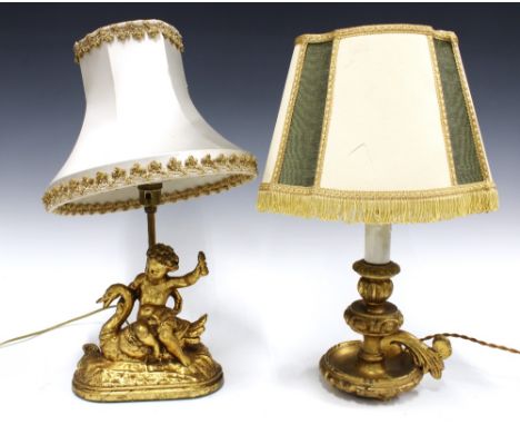 Giltwood cherub table lamp and another of chamberstick form, both with vintage shades (2) 19 x 19cm. 