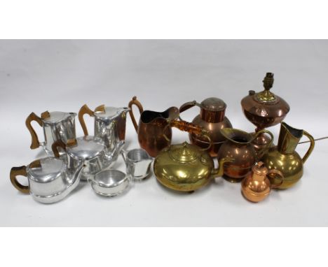 Box containing a Piquot Ware tea and coffee set , copper jugs, lamp, brass wares, etc . 