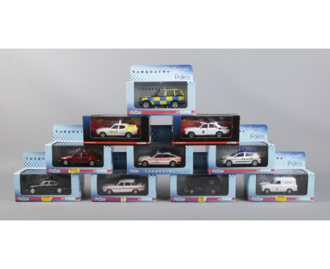 Ten boxed Corgi/Vanguards 1:43 scale Police vehicles. To include VA 09609 Range Rover, VA 10304 Ford Cortina MKIII and VA 086