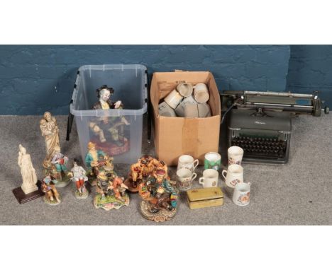 Two boxes of miscellaneous. Including an Olympia typewriter, commemorative wares, ceramic figures, etc.  