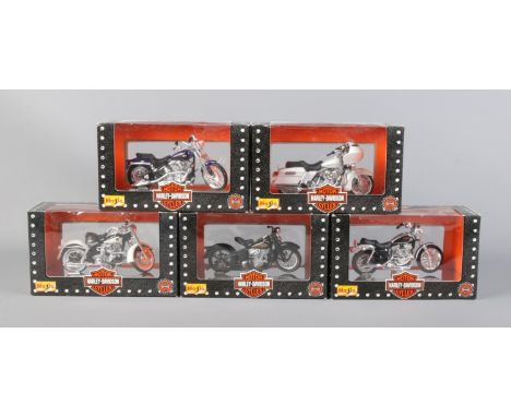 Five boxed Maisto collector edition Harley-Davidson motorcycles.  39756, 39757, 39758, 39759, 39761.