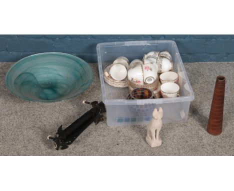 A box of miscellaneous. Including painted metal door knocker/letter box, teawares, large glass bowl, etc.  