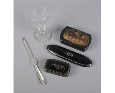 A quantity of miscellaneous including Georgian spectacle case and snuff box, Mappin and Webb lobster stick, papier mache snuf