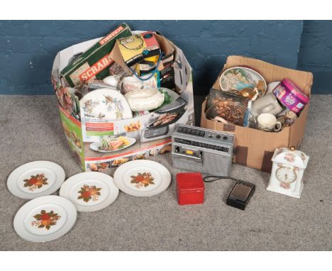 Two boxes of miscellaneous. Including Simpson Popcorn maker, vintage tins, Wedgwood cabinet plates, etc.  