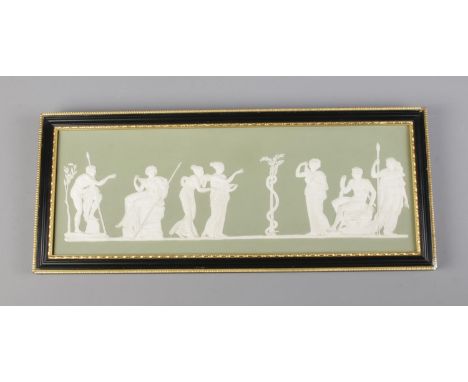 A Wedgwood jasperware plaque titled "Hercules In The Garden Of The Hesperides". After John Flaxman, mounted in black and gilt