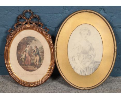 An 18th century gilt framed oval mezzotint coloured engraving A Visit to the Woman of the Lime Trees, together with pencil sk