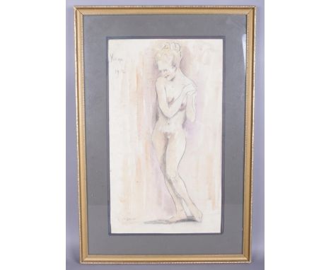 After Roderic O'Conor (1860-1940), a framed pencil and watercolour sketch portrait of a nude woman, titled Yvonne 1912. 48.5c