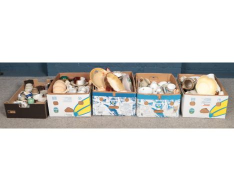 Five boxes of assorted ceramics, to include character jugs, Poole, CarltonWare dish and a collection of studio pottery.  
