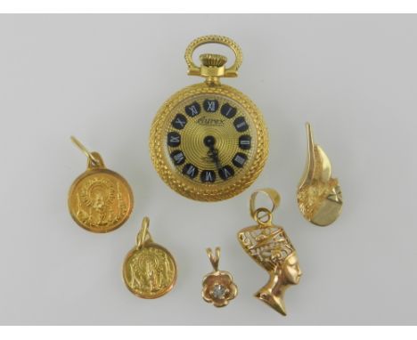 A yellow metal Aurex fob watch, together with five small yellow metal pendants.