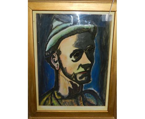 20th century Continental school, head and shoulder portrait of a harlequin, unsigned, mixed media gouache ink and pastel on p