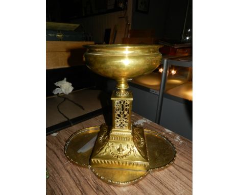 A 19th century brass oil lamp base together with a quatrefoil serving tray. (lamp) H: 30cm