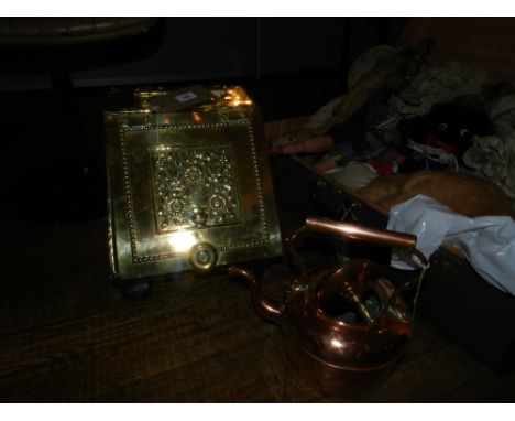 A mid 19th century embossed brass coal box in the Aesthetic taste, together with a copper kettle.