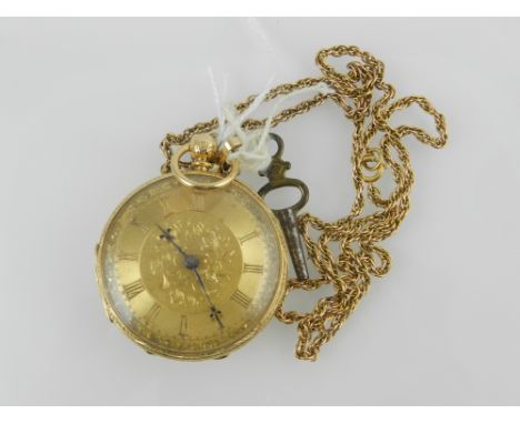 A late 19th / early 20th century 18ct yellow gold pocket watch, having a foliate engraved engine turned Roman dial, set fusee
