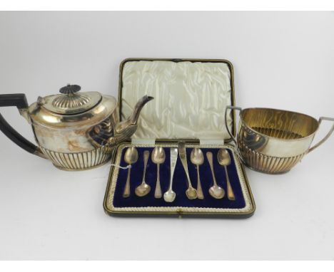 A late Victorian silver two piece tea service, comprising a teapot and sugar basin, hallmarked Sheffield 1899, and sundries 